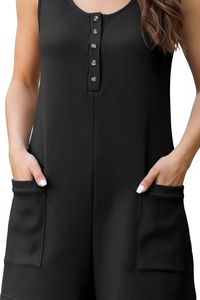 Combi-Short Noir Côtelé Sans Manches Col U Boutons Avec Poches