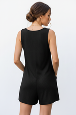 Combi-Short Noir Côtelé Sans Manches Col U Boutons Avec Poches
