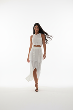 Ensemble Pull Ajouré 2 Pièces - Top Col Rond et Jupe Fendue Élégante | Silhouette-Chic