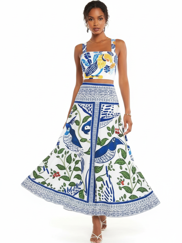 Ensemble 2 Pièces Imprimé – Crop Top & Jupe Maxi Bohème | 3 Coloris