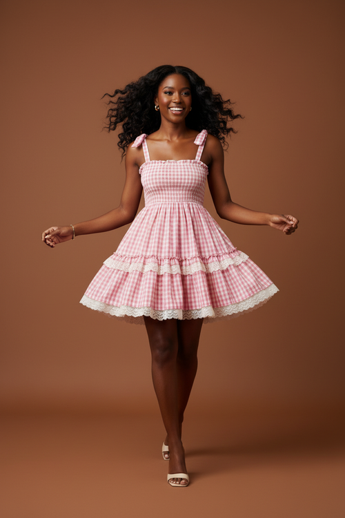 Mini Robe Vichy à Dentelle & Nœud — Élégance Estivale Féminine | Silhouette-Chic