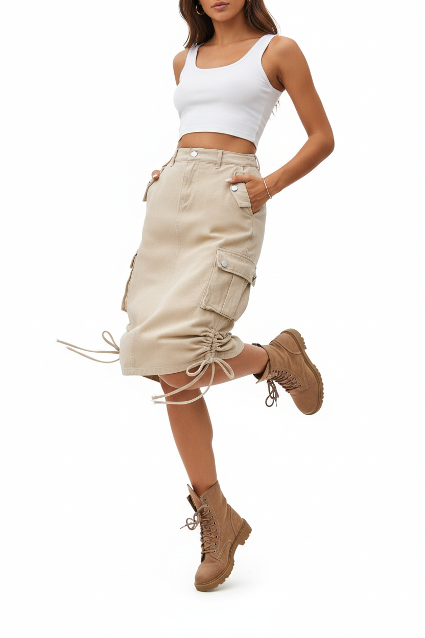 Jupe cargo beige avec poches latérales et cordons de serrage - pose dynamique en mouvement révélant la fluidité et l'amplitude de la jupe avec détails de cordons - BLACK-COAT