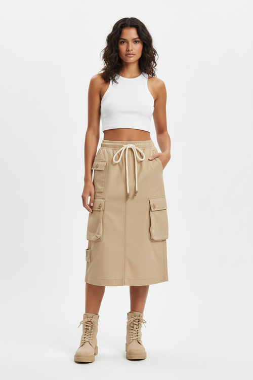 Jupe Midi Denim Extensible - Taille Cordon Ajustable et Fentes Élégantes | Silhouette-Chic