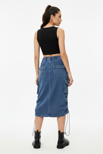 Jupe Midi Denim à Cordon Froncée avec Fentes - Style Décontracté Chic | Silhouette-Chic