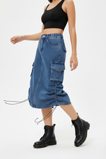 Jupe Midi Denim à Cordon Froncée avec Fentes - Style Décontracté Chic | Silhouette-Chic