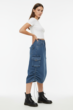 Jupe Midi Denim à Cordon Froncée avec Fentes - Style Décontracté Chic | Silhouette-Chic