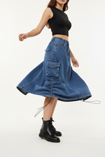 Jupe Midi Denim à Cordon Froncée avec Fentes - Style Décontracté Chic | Silhouette-Chic