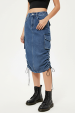 Jupe Midi Denim à Cordon Froncée avec Fentes - Style Décontracté Chic | Silhouette-Chic