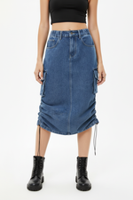 Jupe Midi Denim à Cordon Froncée avec Fentes - Style Décontracté Chic | Silhouette-Chic