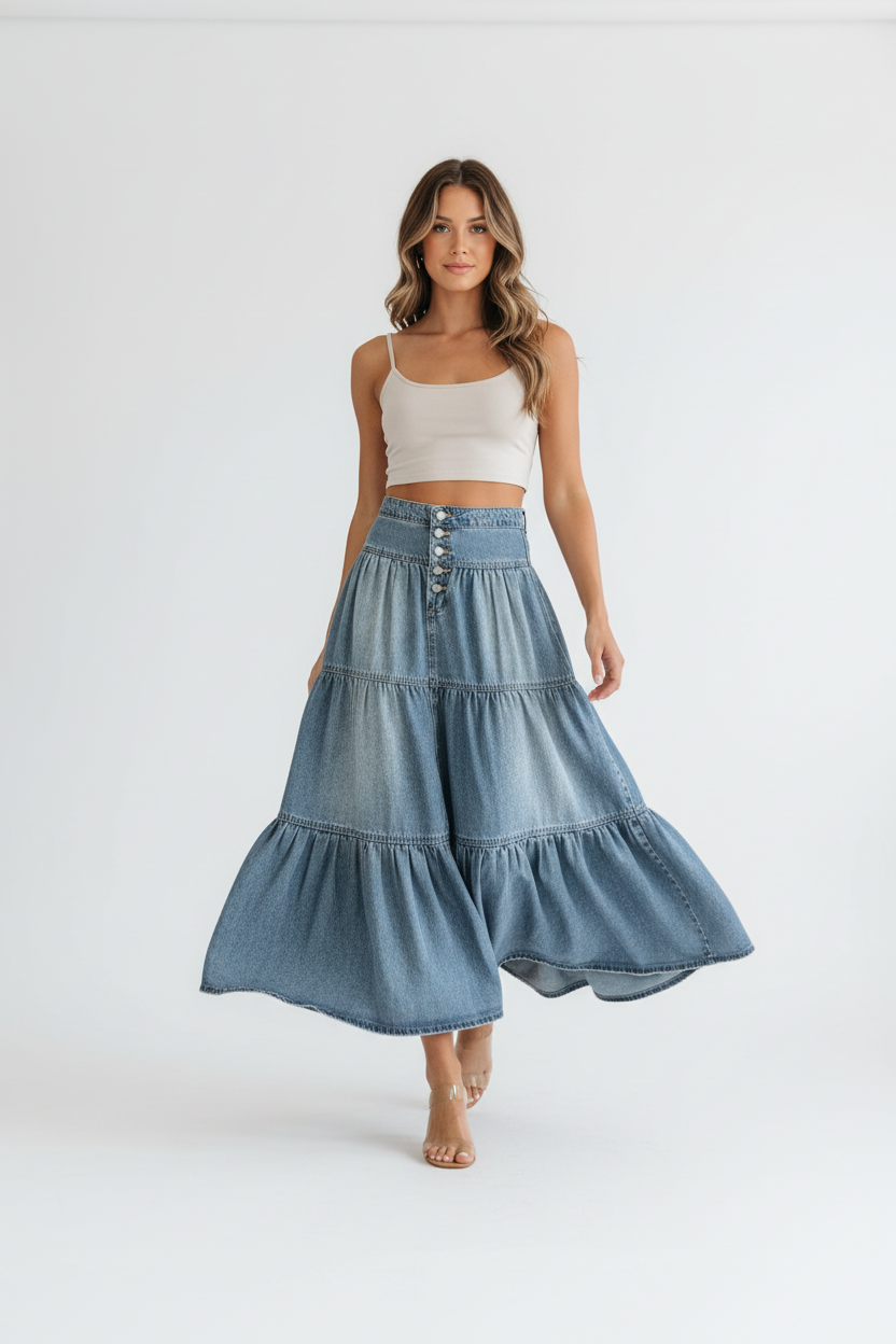  Jupe denim étagée à boutons jean volants bleu clair - vue en mouvement montrant les volants étagés créant mouvement élégant féminin, drapé fluide du tissu rayonne, grâce bohème en action - BLACK-COAT