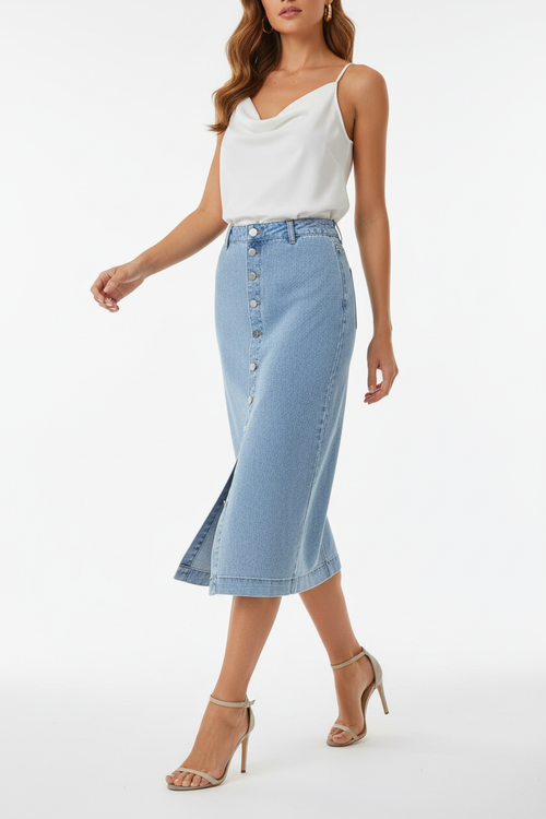 Jupe en jean midi à boutons en mouvement montrant la fente latérale pratique, les boutons décoratifs et le style denim intemporel élégant - Silhouette-Chic