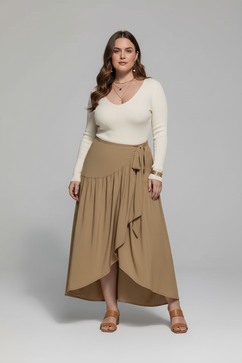Jupe Grande Taille Asymétrique High-Low Ceinture à Nouer - Style Moderne Inclusif | Silhouette-Chic