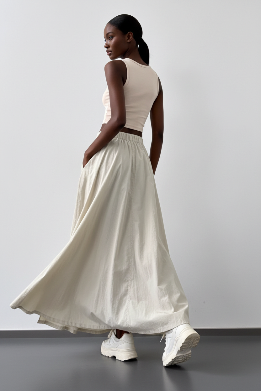  Jupe Maxi Cargo Crème – La Silhouette qui Conquiert
Vue de dos d'une mannequin portant une jupe maxi cargo crème en tissu nylon froissé en mouvement sur fond blanc — silhouette évasée A-line volumineuse avec fente latérale, tissu crinkle texturé aux reflets doux, taille basse avec passants de ceinture, portée avec un crop top beige et sneakers blanches. Style casual chic et tendance.