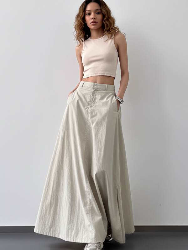 Jupe Maxi Cargo Froissée – Taille Basse, Volume & Fente | 3 Coloris