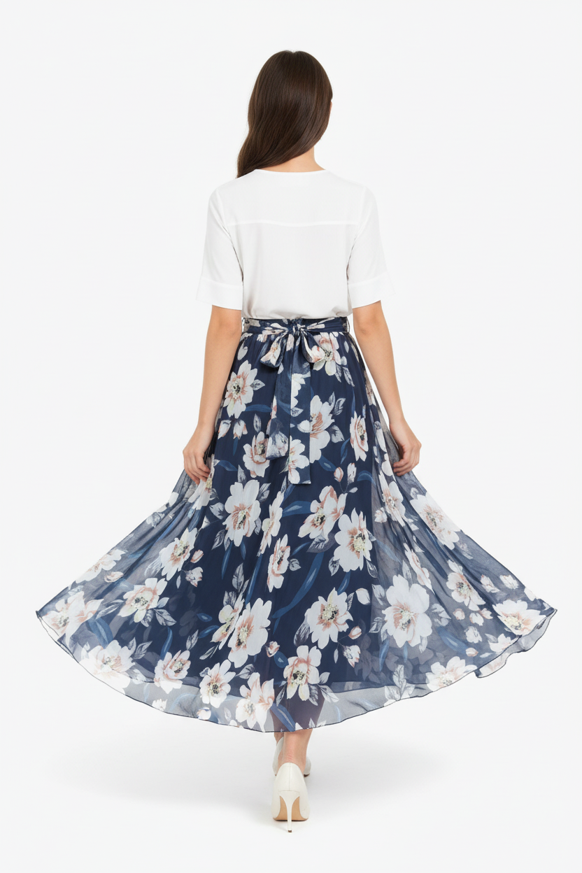 Jupe maxi imprimé floral bleu foncé avec ceinture à nouer - vue arrière montrant mannequin s'éloignant avec détail ceinture nouée au dos tissu floral fluide et flux élégant de la jupe maxi - BLACK-COAT