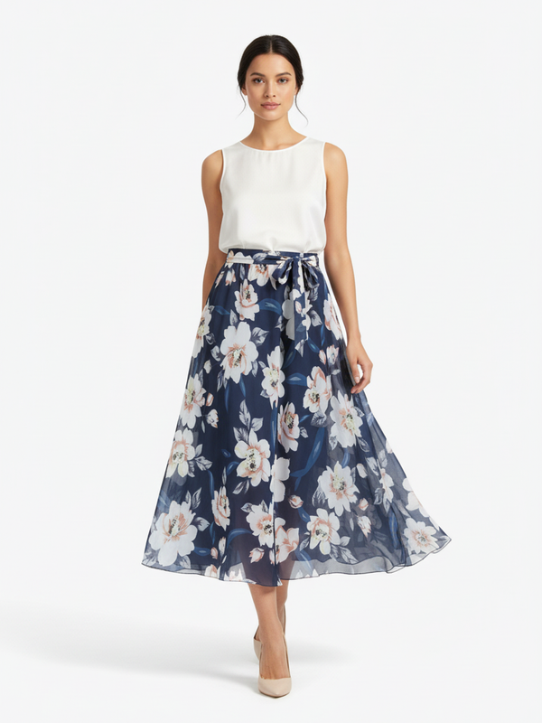 Maxirock mit Blumenmuster und Bindegürtel – Boho-Stil, Übergrößen S-3XL