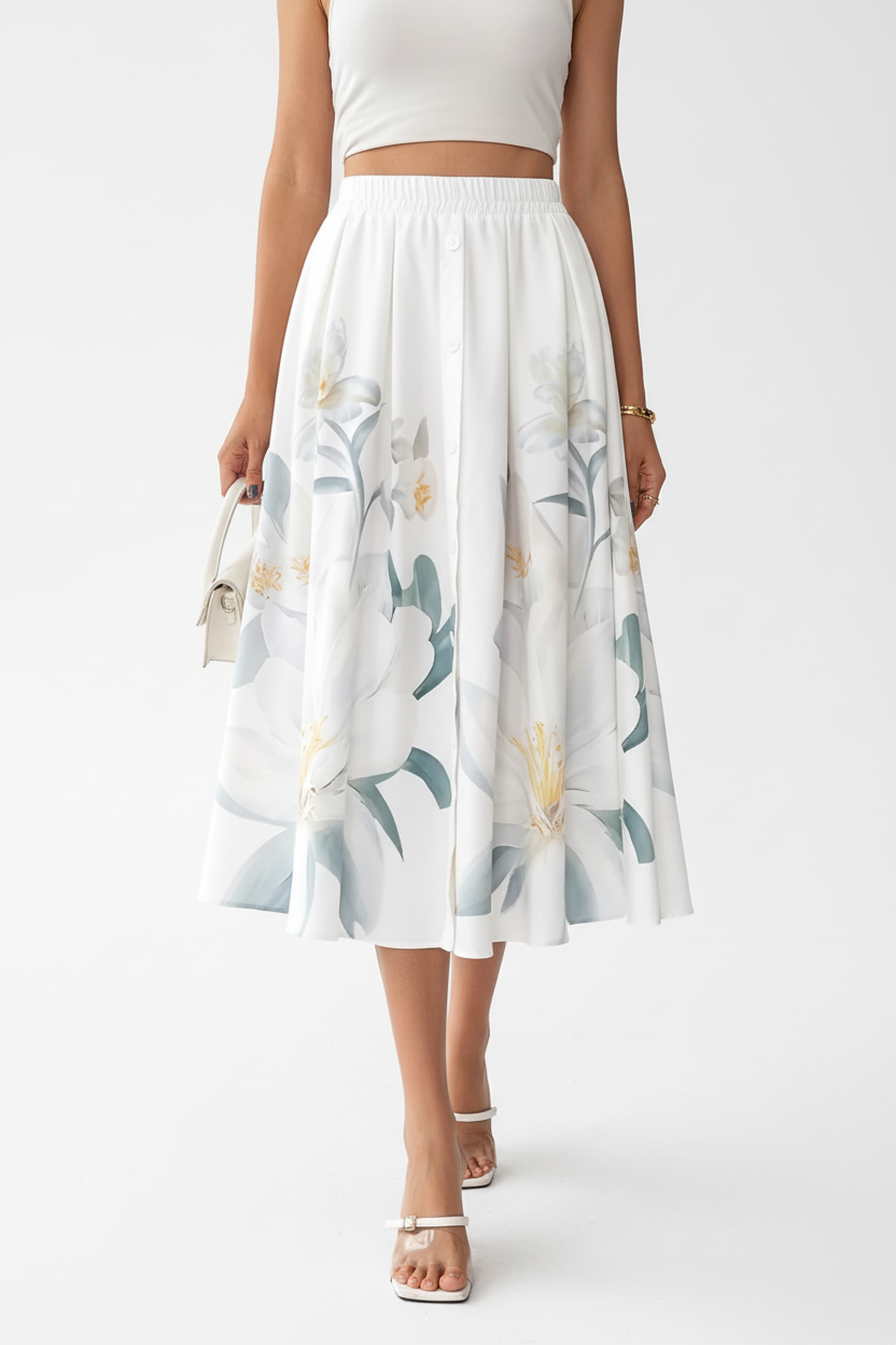 Jupe midi imprimé floral blanc boutonnée - gros plan du bas de jupe des cuisses aux mollets montrant motif floral délicat aux couleurs pastel douces et feuilles vertes en mouvement avec tissu polyester fluide et longueur midi élégante - BLACK-COAT