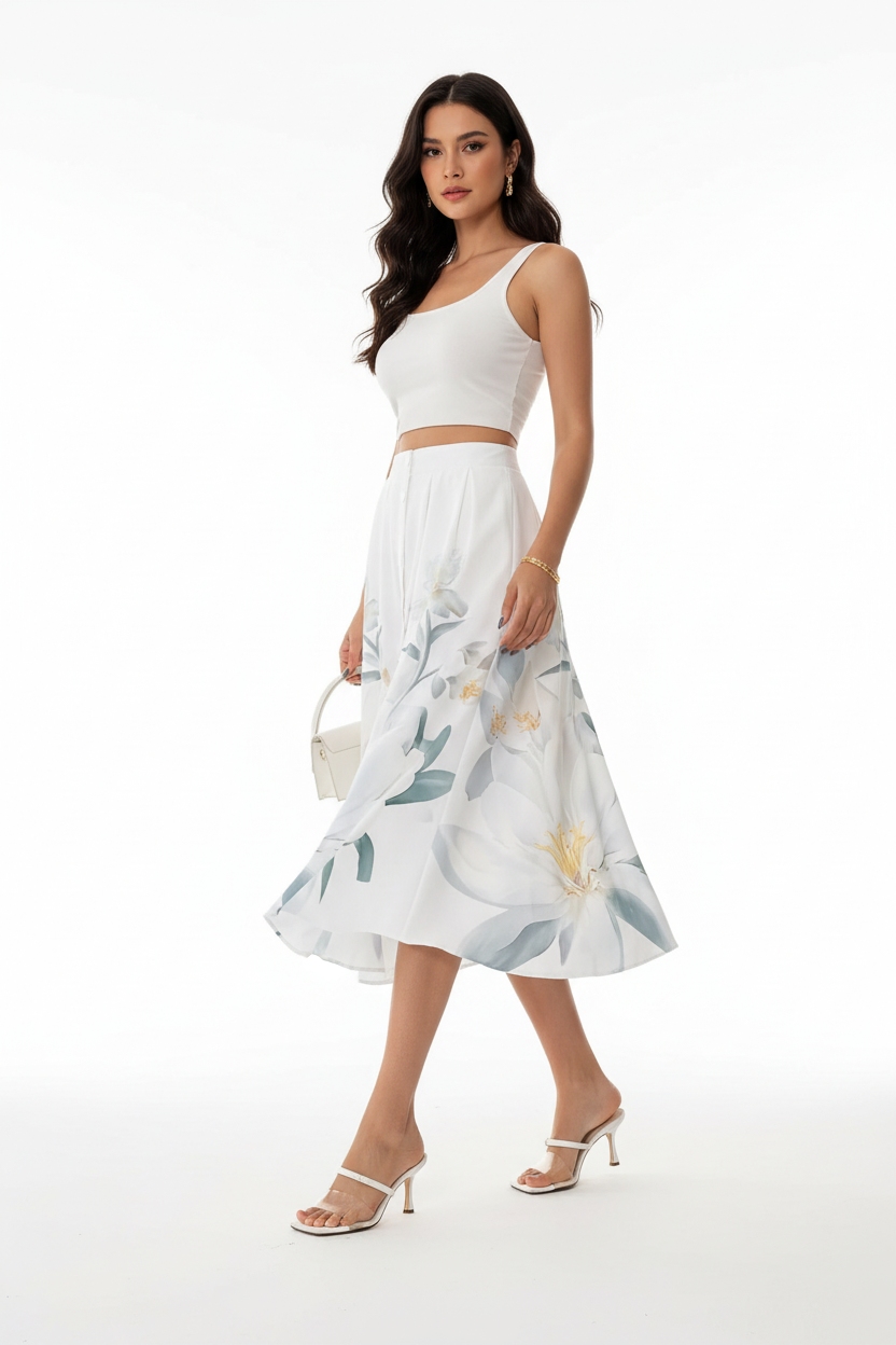 Jupe midi imprimé floral blanc boutonnée - vue frontale-latérale capturant la marche dynamique avec tissu floral et longueur midi en mouvement gracieux style romantique - BLACK-COAT