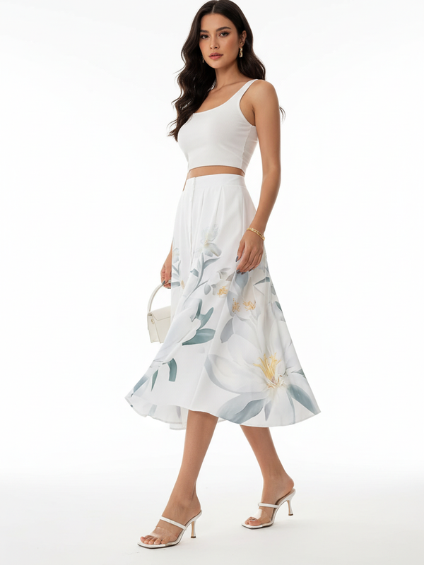 Weißer Midirock mit Blumenmuster und Knopfleiste – Sommerromantik, Größen S–XL