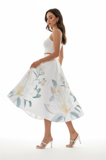 Jupe Midi Imprimé Floral Blanc Boutonnée - Romance Estivale S-XL