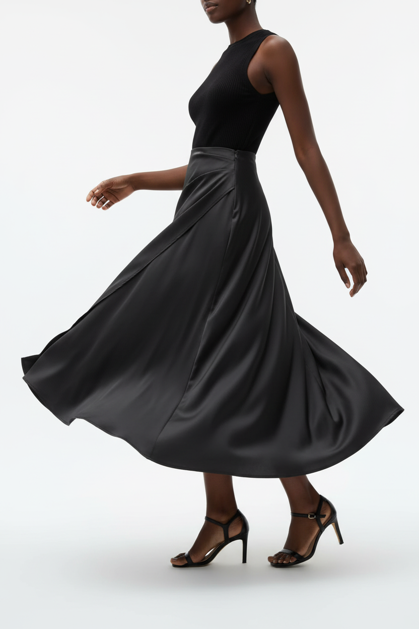  Jupe Satin Anthracite – La Sophistication en Mouvement
Alt : Mannequin en jupe midi satin anthracite taille haute tournant gracieusement, jupe évasée en plein élan sur fond blanc — couture diagonale asymétrique révélée par le mouvement, ourlet fishtail subtil, tissu satin aux reflets profonds, portée avec un top noir ajusté. Jupe de soirée élégante et dramatique.