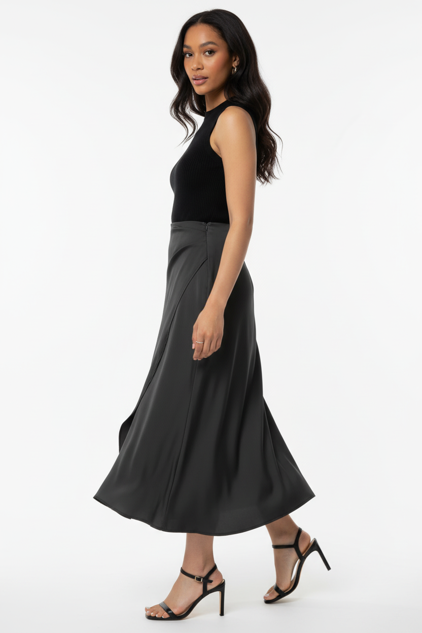 Jupe Satin Anthracite – Le Regard qui Impose
Alt : Mannequin en jupe midi satin anthracite taille haute regardant par-dessus son épaule, jupe évasée en mouvement sur fond blanc — couture diagonale asymétrique, ourlet fishtail subtil, tissu satin aux reflets profonds, portée avec un top noir ajusté et sandales à talons. Allure sophistiquée et conquérante pour soirée ou événement chic.
