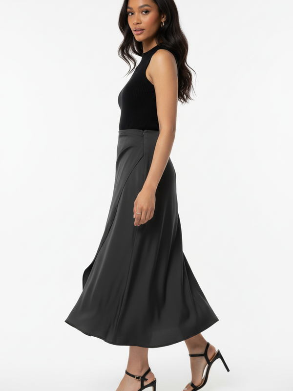 Jupe Midi Satin Asymétrique – Taille Haute & Couture Diagonale | 3 Coloris