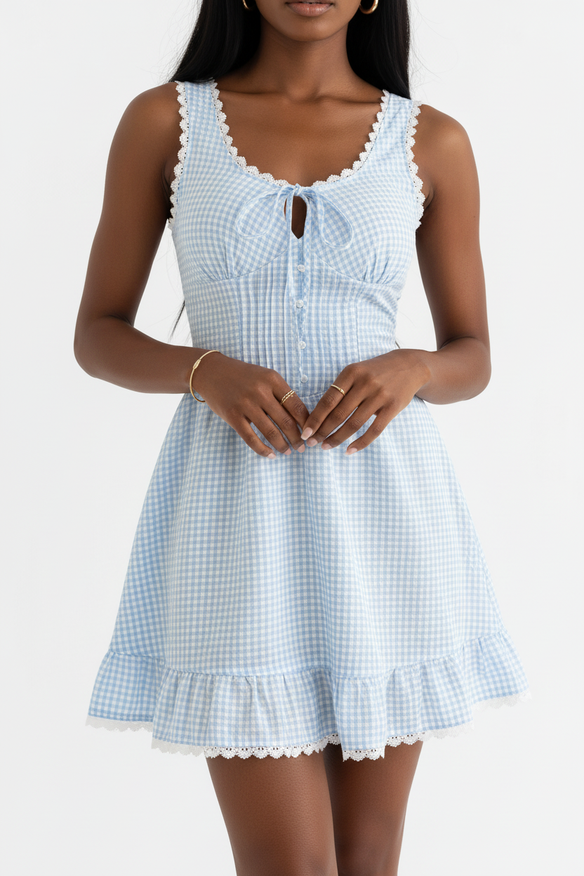  "Gros plan du bustier smocké et des boutons décoratifs de la mini robe vichy bleu ciel — texture élastique et finition soignée — Black-Coat"