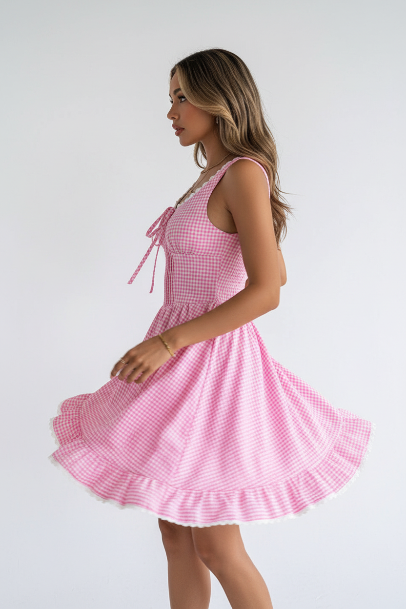 "Mini robe vichy rose avec volants en dentelle et bustier smocké — vue de côté en rotation, jupe évasée en mouvement — Black-Coat"