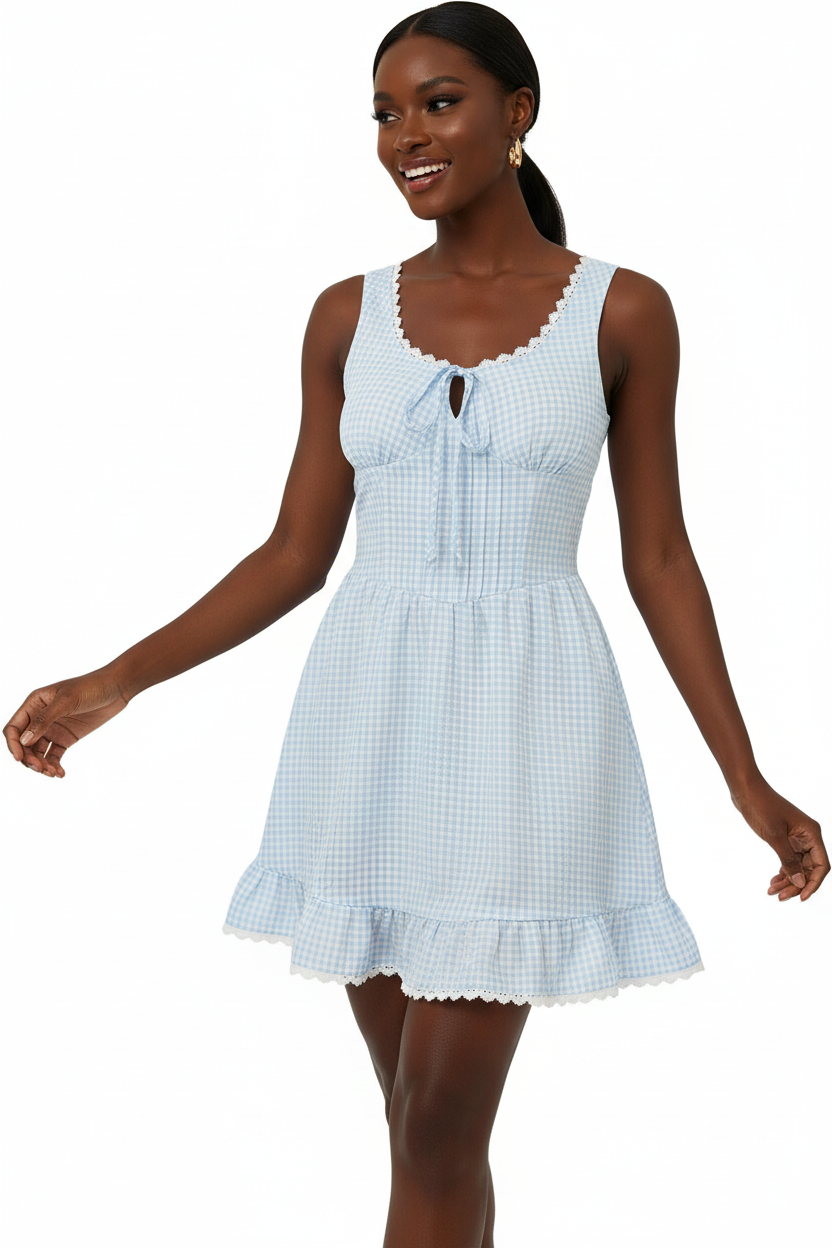 "Mini robe vichy rose — vue trois-quarts avant en mouvement, expression joyeuse et bras ouverts, jupe évasée soulignant la féminité de la coupe — Black-Coat"