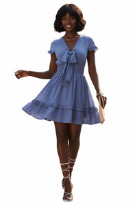 Robe Bleue Lavande - Nœud Papillon, Volants & Taille Smockée | Silhouette-Chic