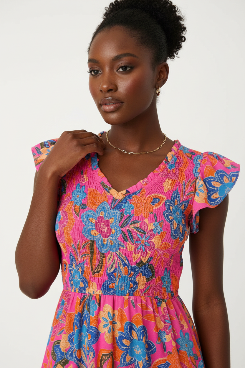  Détail du décolleté en V et de la taille smockée de la Robe Bohème Black-Coat rose vif - montrant la finition premium