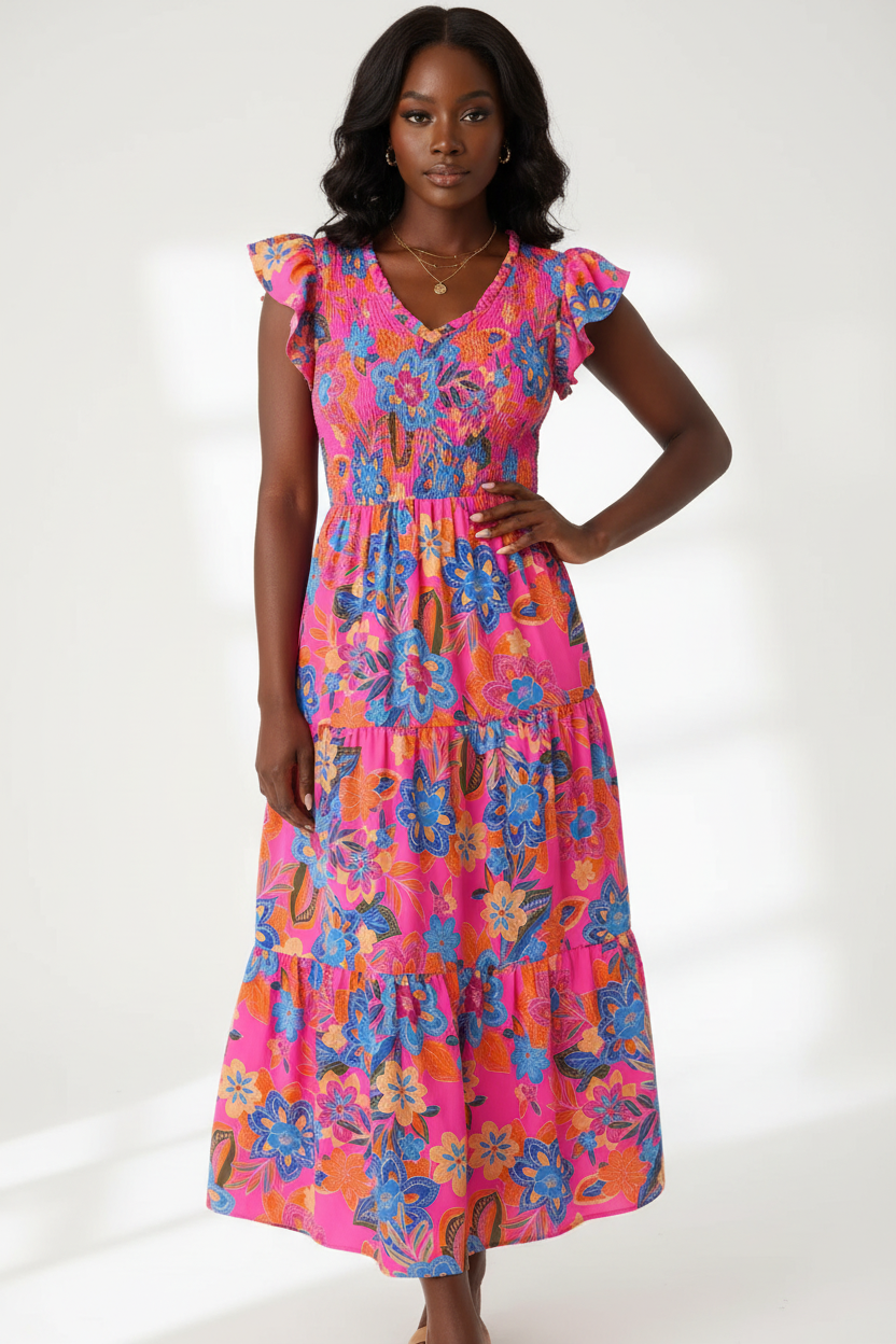  Mannequin portant la Robe Bohème Imprimé Floral Black-Coat rose vif et multicolore - vue de face montrant le décolleté en V, les manches volantées et la taille smockée