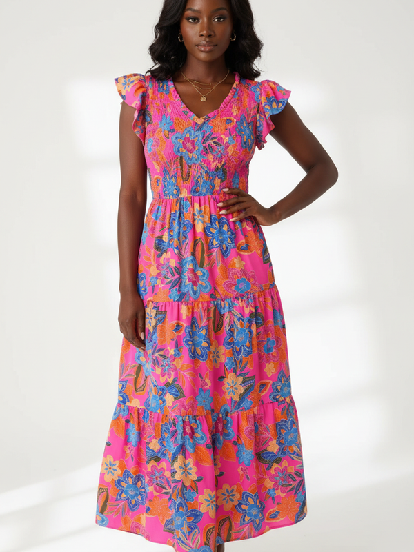 Robe Bohème Imprimé Floral Col en V Volants Étagés - L'Évasion Bohème | Silhouette-Chic