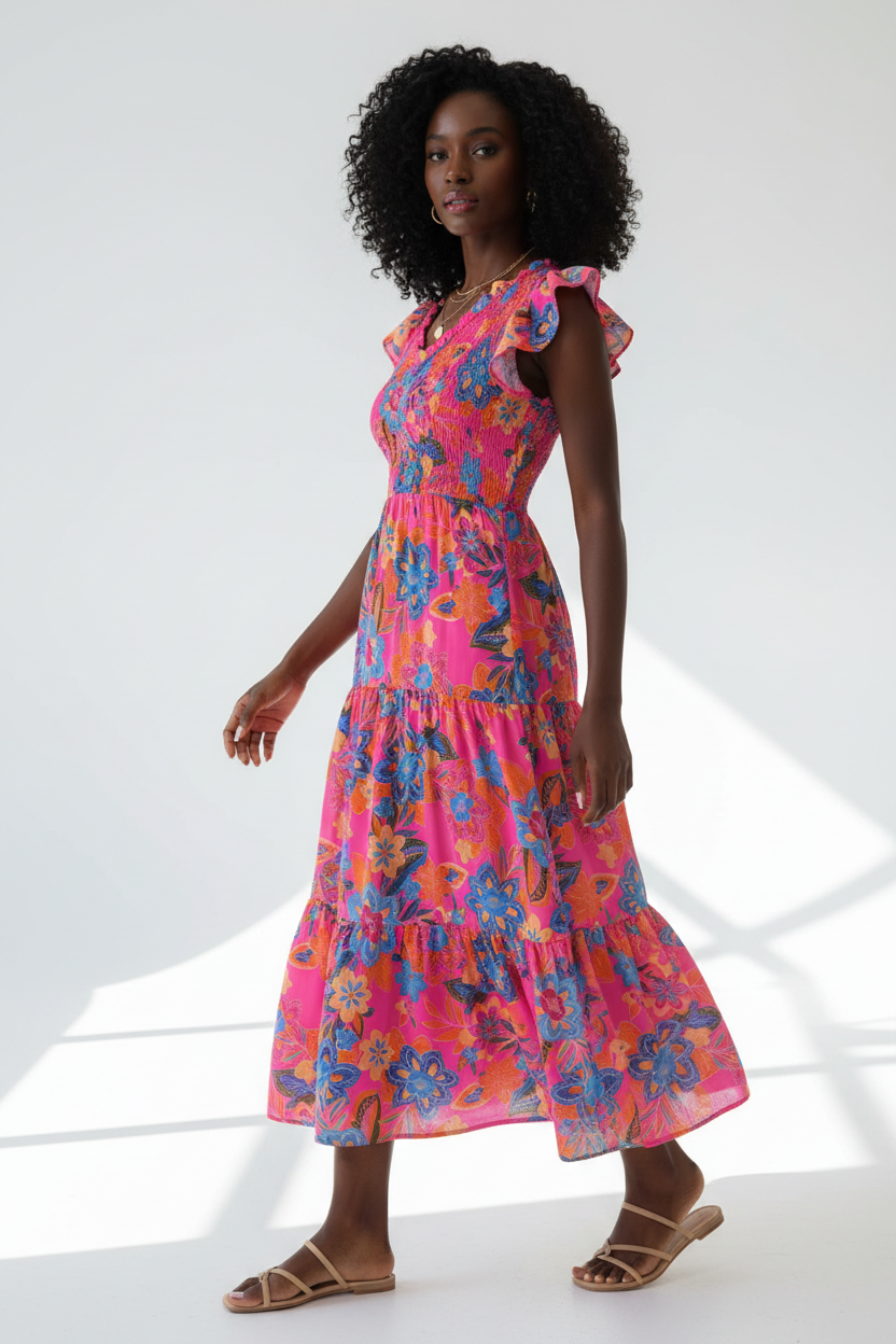  Robe Bohème Imprimé Floral Black-Coat rose vif - vue trois-quarts révélant la jupe à volants étagés et l'imprimé floral vibrant