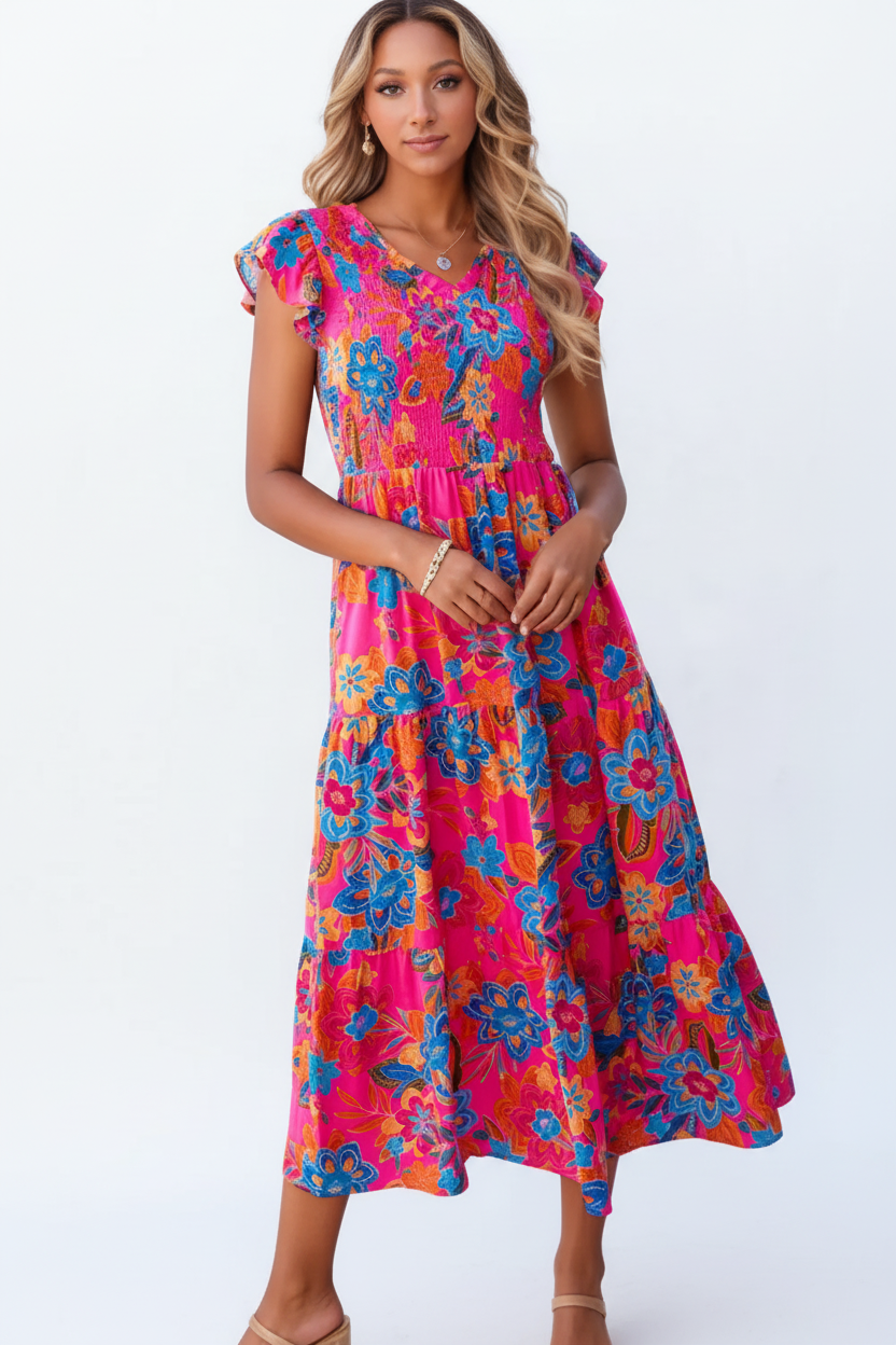  Robe Bohème Imprimé Floral Black-Coat rose vif - angle diagonal révélant l'imprimé floral multicolore vibrant