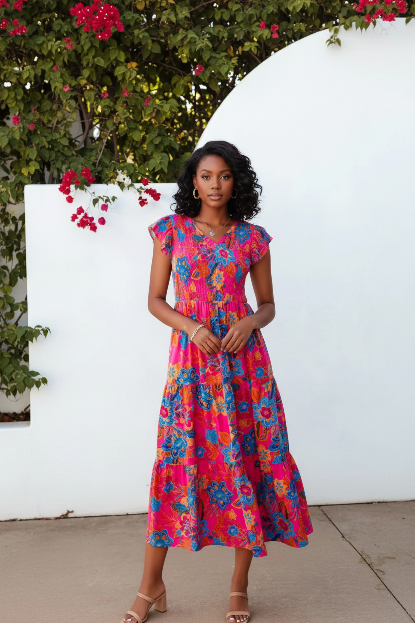  Mannequin portant la Robe Bohème Imprimé Floral Black-Coat rose vif - vue de face montrant le décolleté en V et les volants