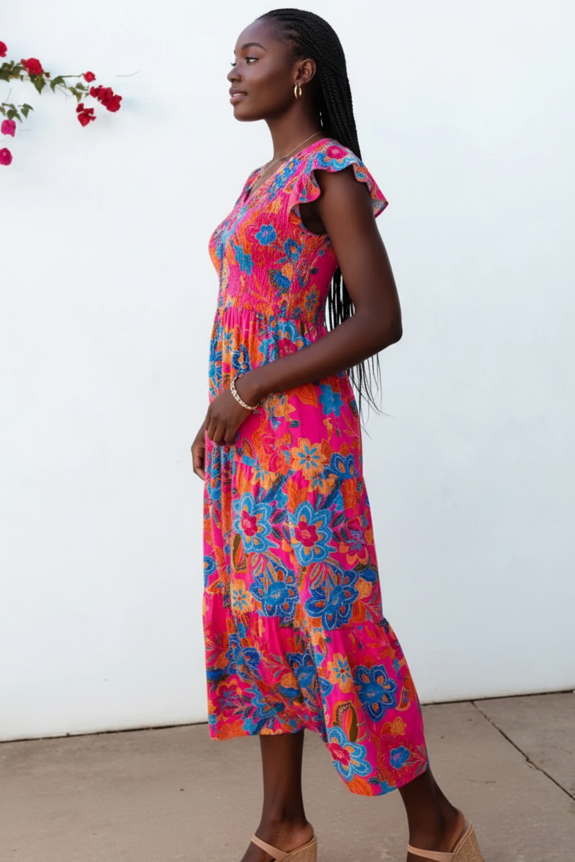 Robe Bohème Imprimé Floral Black-Coat rose vif - vue de profil dévoilant la silhouette bohème élégante