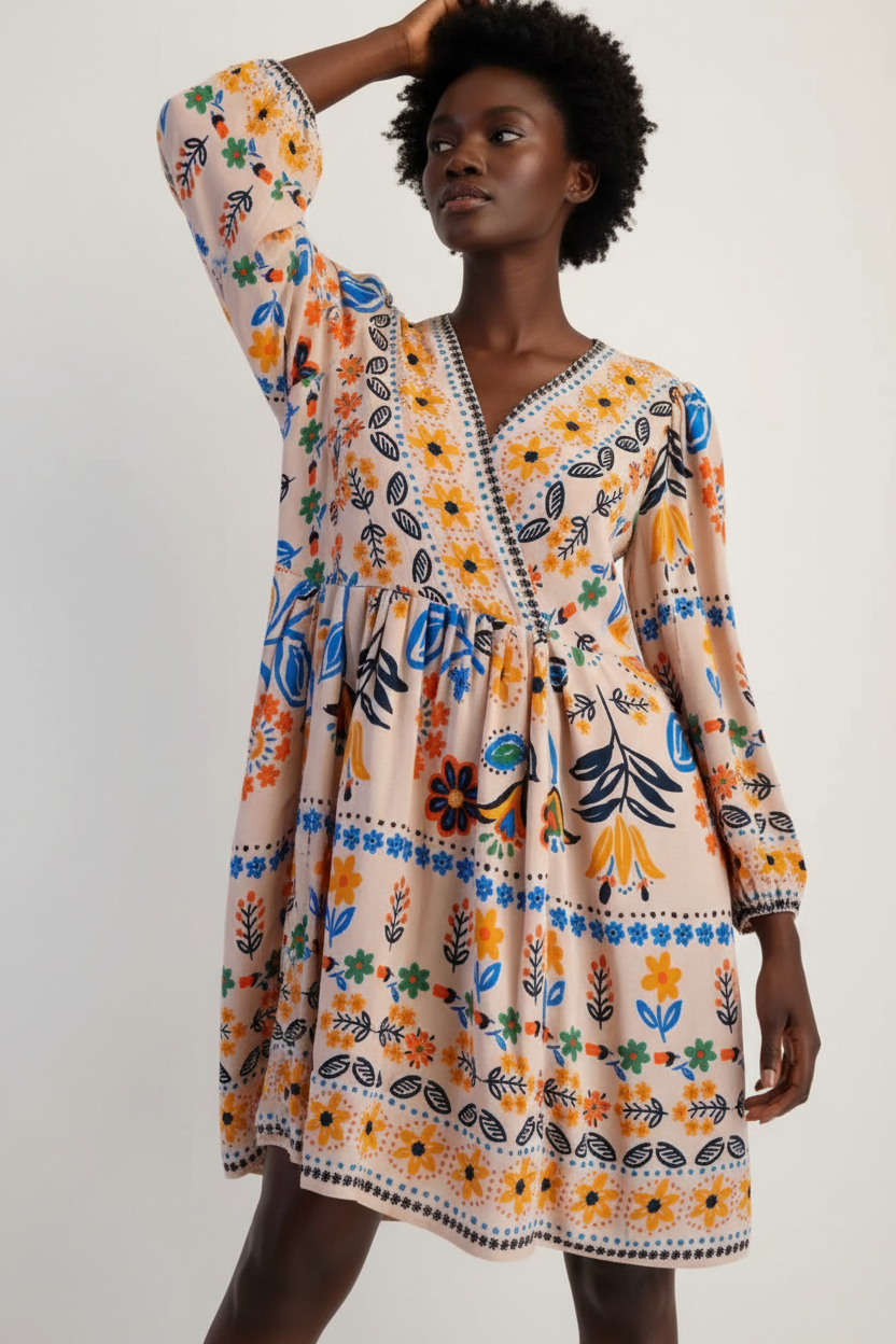  Robe Bohème Imprimé Floral Black-Coat apricot beige - angle diagonal révélant les détails de l'imprimé floral bohème