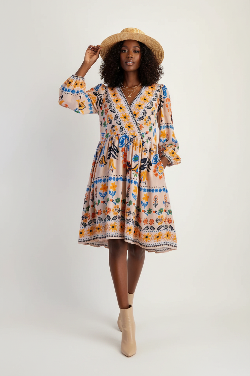  Robe Bohème Imprimé Floral Black-Coat apricot beige - vue en marche illustrant l'élégance bohème et l'allure confiante