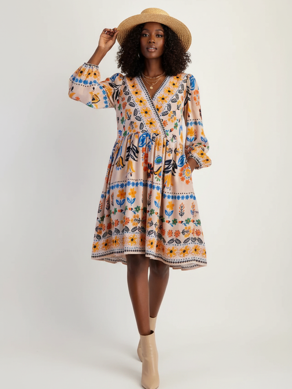 Robe Bohème Imprimé Floral à Manches Longues - L'Élégance Artistique | Silhouette-Chic