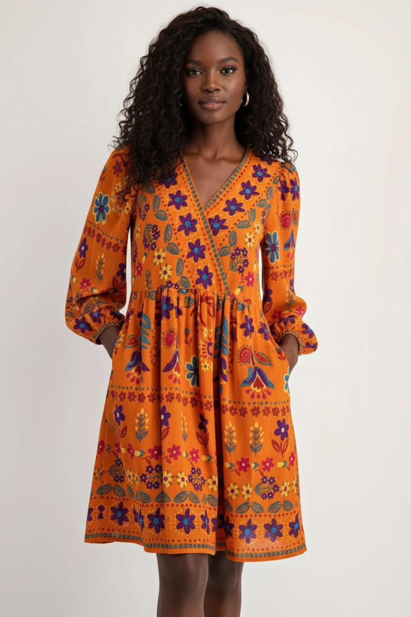  Mannequin portant la Robe Bohème Imprimé Floral Black-Coat orange - vue de face montrant le décolleté en V et l'imprimé floral coloré avec poches