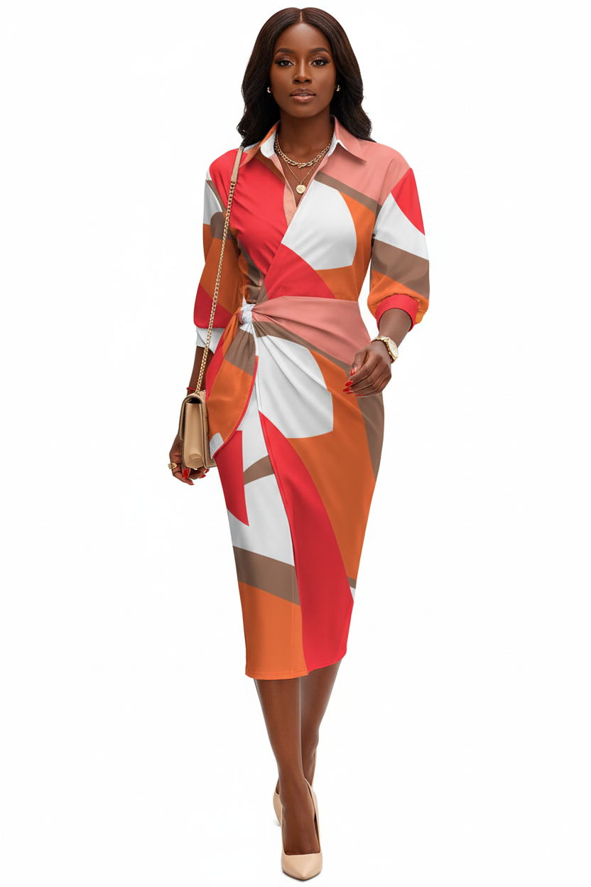 Vue de face mi-corps robe midi chemise imprimée géométrique colorblock orange rouge rose blanc et brun à col chemisier avec revers structuré, manches 3/4 et nœud torsadé à la taille — détail révélant la richesse chromatique de l'imprimé exclusif aux formes géométriques audacieuses orange, rouge, rose, blanc et brun, le col chemisier structuré et le nœud torsadé sculptant la taille avec une féminité architecturale — sac bandoulière chaîne dorée, collier doré superposé, montre dorée — Silhouette-Chic