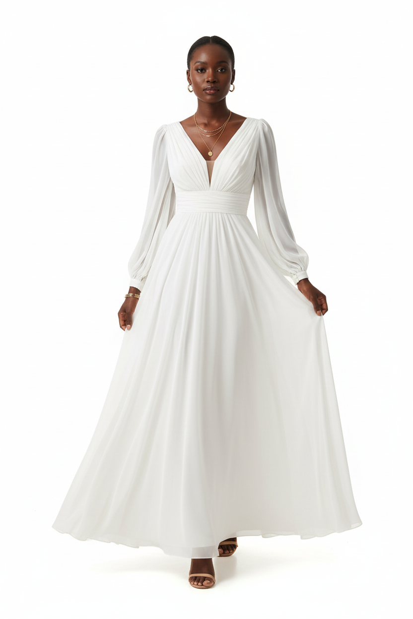 Robe maxi chiffon blanc immaculé à décolleté en V profond, manches ballon dramatiques en mousseline transparente et taille empire fronc\u00e9e — vue de face révélant la pureté lumineuse du coloris, le volume dramatique des manches et la jupe évasée fluide virevolante — bijoux dorés, sandales nude à talons — Silhouette-Chic