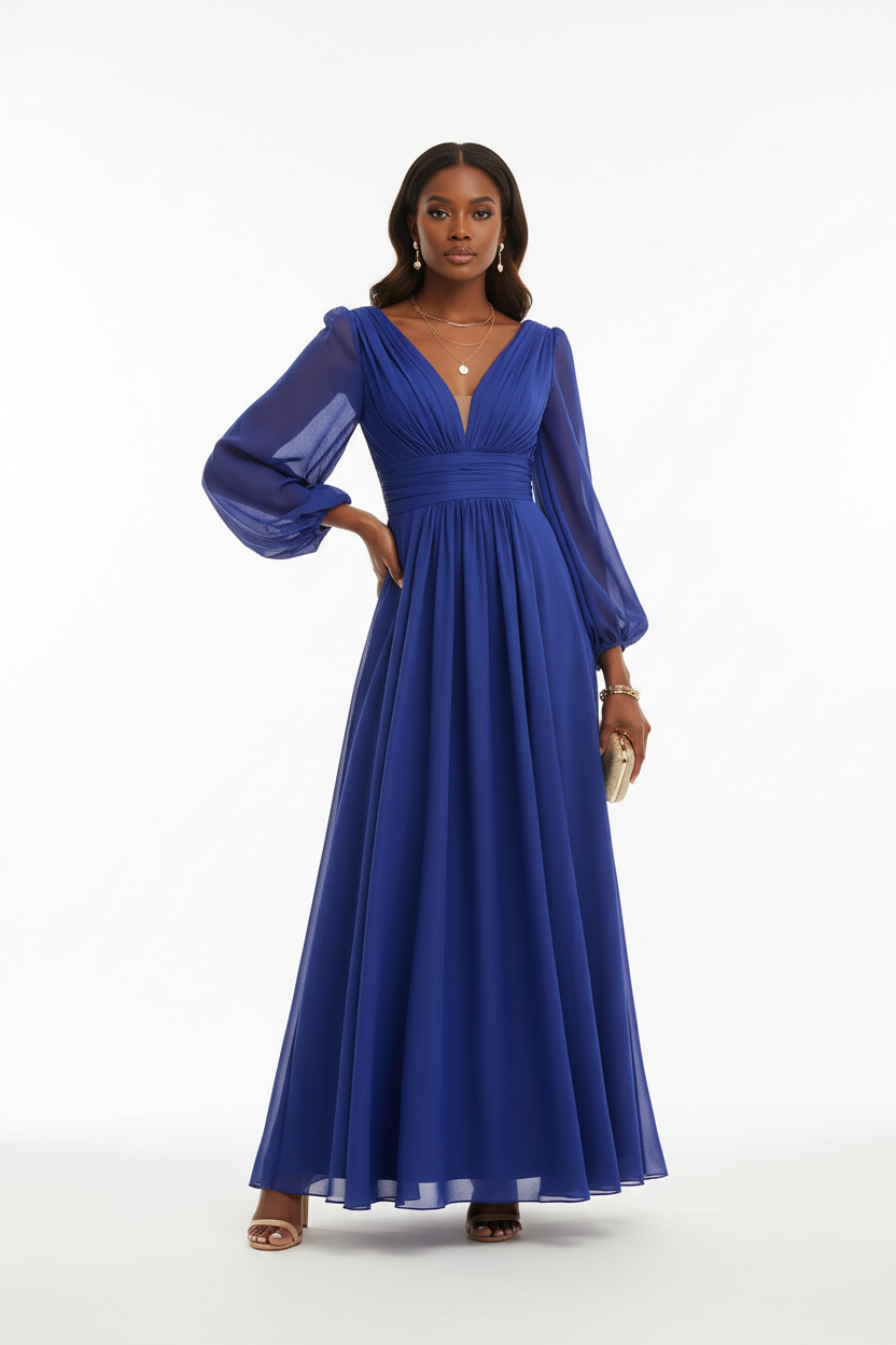 Robe maxi chiffon bleu royal intense à décolleté en V profond, manches ballon dramatiques en mousseline transparente et taille empire fronc\u00e9e — vue de face révélant l'éclat royal du coloris, le volume dramatique des manches et la jupe évasée fluide — bijoux dorés, sandales nude à talons — Silhouette-Chic