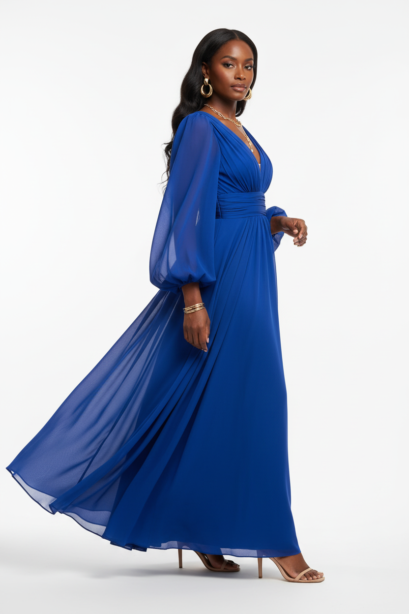Vue de profil de la robe maxi chiffon bleu royal intense à décolleté en V profond, manches ballon dramatiques et taille empire fronc\u00e9e — silhouette romantique révélant l'éclat royal du coloris, le volume dramatique des manches et la jupe évasée fluide en mouvement — bijoux dorés, sandales nude — Silhouette-Chic