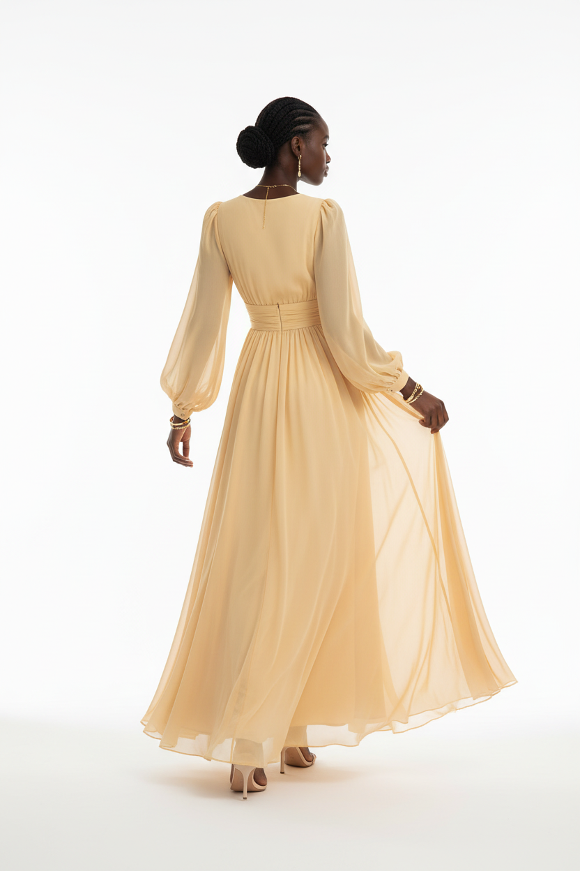 Vue de dos de la robe maxi chiffon jaune pastel lumineux à manches ballon dramatiques en mousseline transparente — tombé aérien du tissu 100% polyester révélant le volume sculptural des manches, la taille empire fronc\u00e9e et la jupe évasée fluide capturant chaque souffle de vent avec une légèreté romantique — bijoux dorés, sandales nude — Silhouette-Chic