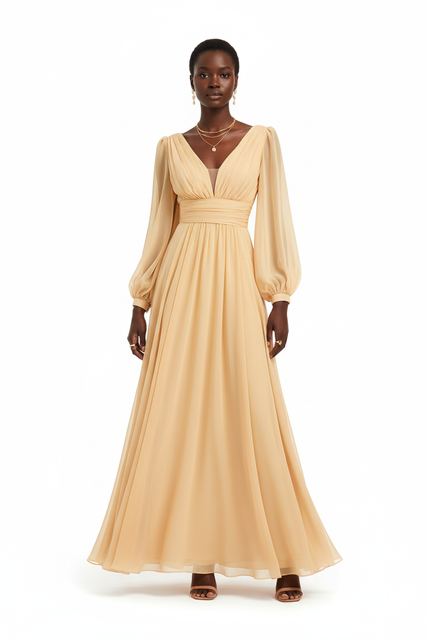 Robe maxi chiffon jaune pastel lumineux à décolleté en V profond, manches ballon dramatiques en mousseline transparente et taille empire fronc\u00e9e — vue de face, mannequin en pose gracieuse révélant la légèreté aérienne du coloris, le volume dramatique des manches et la jupe évasée fluide virevolante — bijoux dorés, sandales nude à talons — Silhouette-Chic