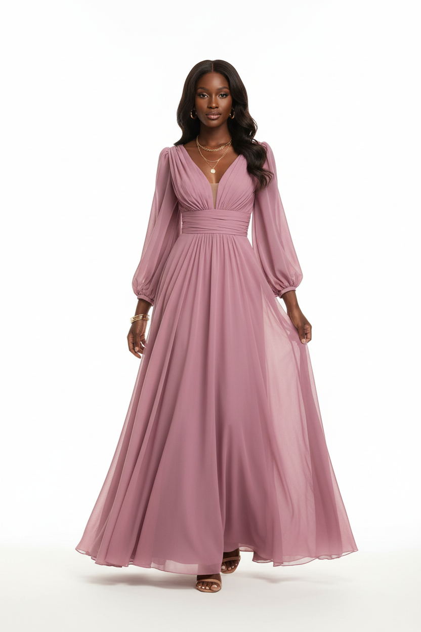 Robe maxi chiffon rose mauve enchanté à décolleté en V profond, manches ballon dramatiques en mousseline transparente et taille empire fronc\u00e9e — vue de face révélant la douceur romantique du coloris, le volume dramatique des manches et la jupe évasée fluide virevolante — bijoux dorés, sandales nude à talons — Silhouette-Chic