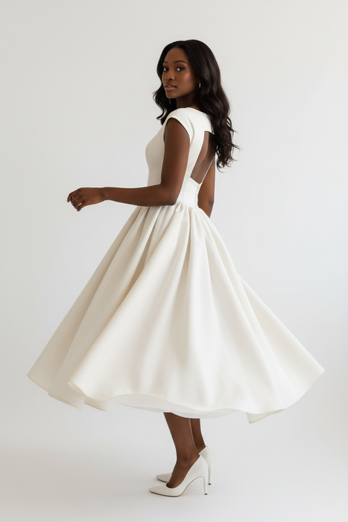 Robe Col Bateau Midi – Dos Ouvert Découpe Carrée & Jupe Évasée